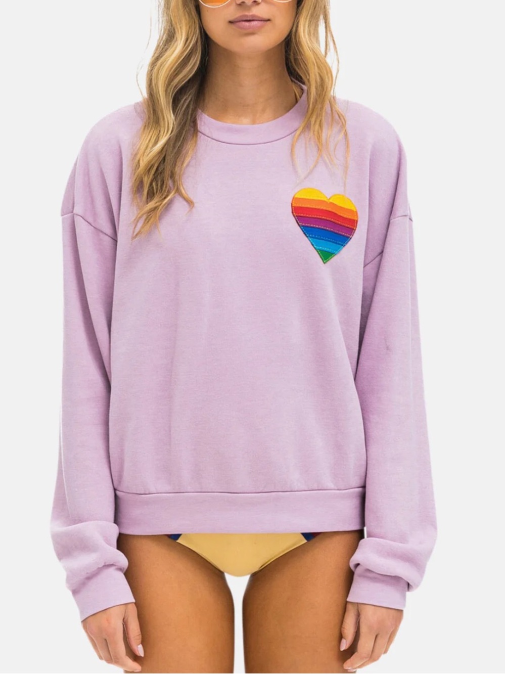 Aviator nation Rainbow Heart Stitch Relaxed Crew Sweatshirt Mauve Small